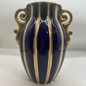 Vintage Wade Empress Cobalt Blue Vase with Gold Accents and Ornate Handles